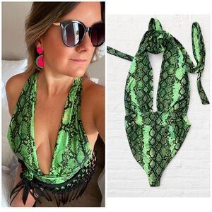PrettyLittleThing Green Snake Print One Piece
